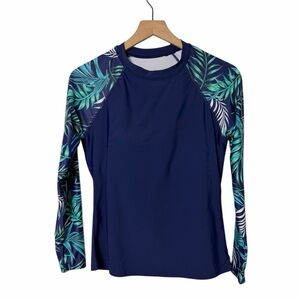 RASHGUARD SWIMMING LEAF GREEN BLUE TROPICAL TOP SUN PROTECTION WOMEN'S MEDIUM